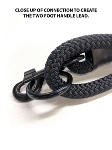 gearleash II the worlds strongest rope leash made from 5/8" dacron anti stretch rope with a large o-ring in the handle to fold the dog leash in half and create a short two foot handle lead