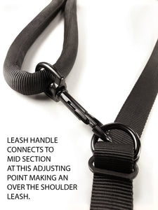 gearleash apex over the shoulder dog leash with full adjustability, mill-spec materials, and round padded handle. This shows the unique adjustable connection point for the dog leash
